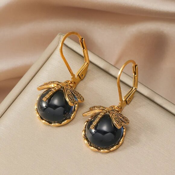 Private Label Jewelry - NEW Romantic Jet Black Cabochon Dragonfly Earrings Pierced Boho